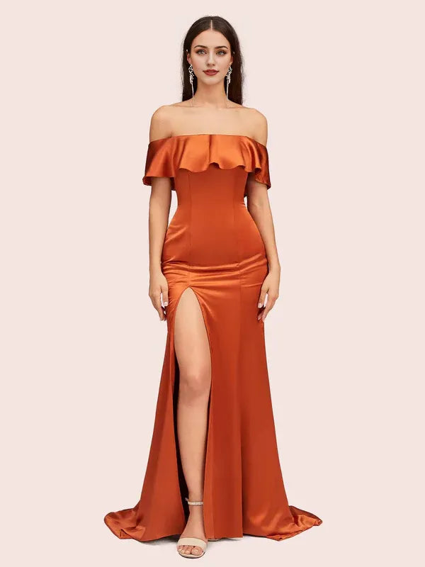 Robe de bal élégante en satin doux, épaules dénudées, style sirène, longue, style trompette, avec traîne et fente